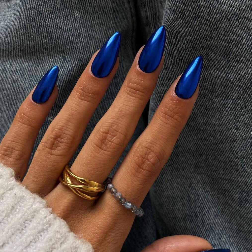 Zelfklevende chroomnagels - Medium amandelbruin Glitterlijm op nagels Glitter nepnagels Lijm op kunstnagels Geglazuurde acrylnagels voor dames 24 stuks