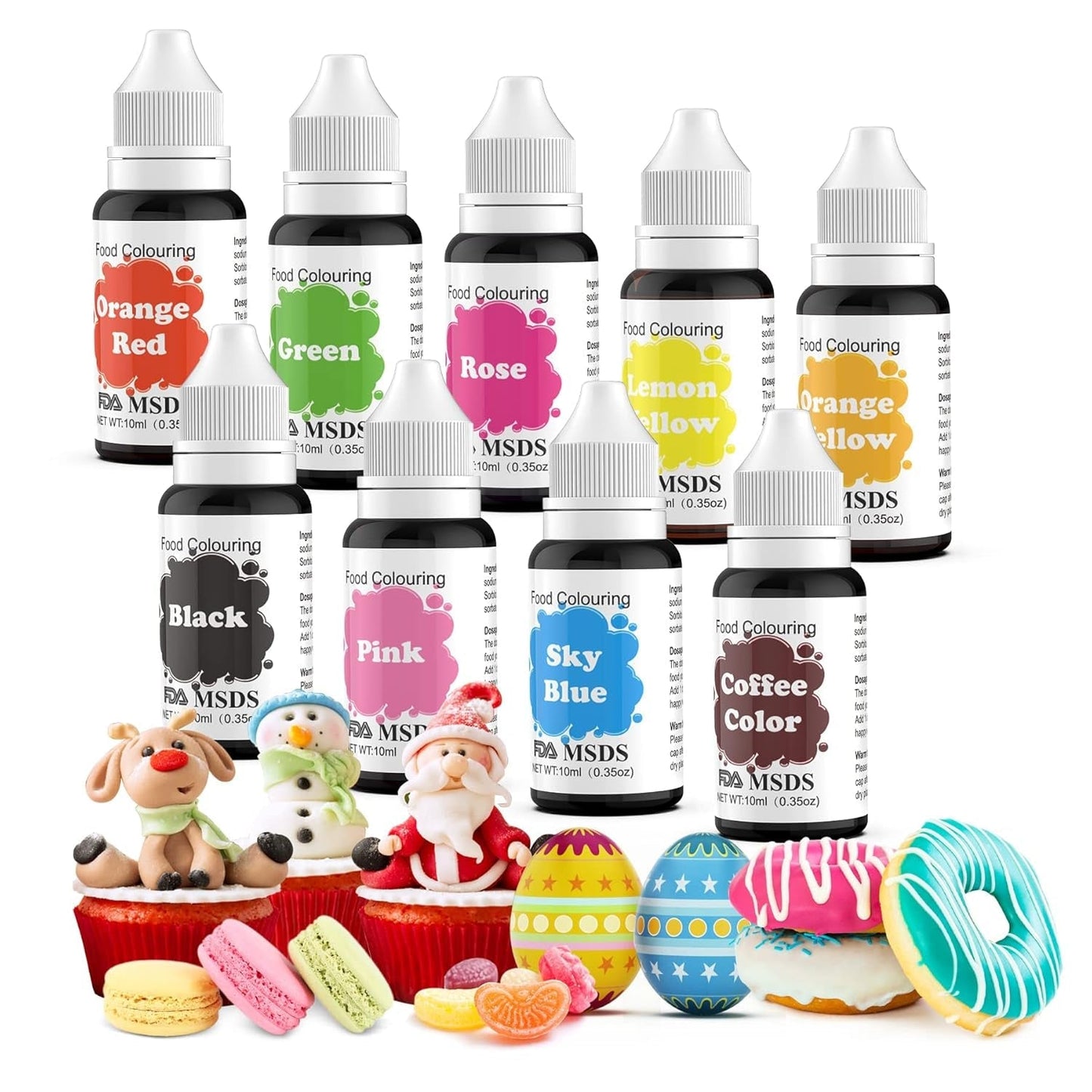 Kleurstof voor levensmiddelen 9 x 10 ml, vloeibare kleurstof voor levensmiddelen - kleurstofset voor het versieren van taarten, macarons, donuts, fudge, glazuur, doe-het-zepen, ijs, zeepkleurstof, spuitpistoolkleurstof