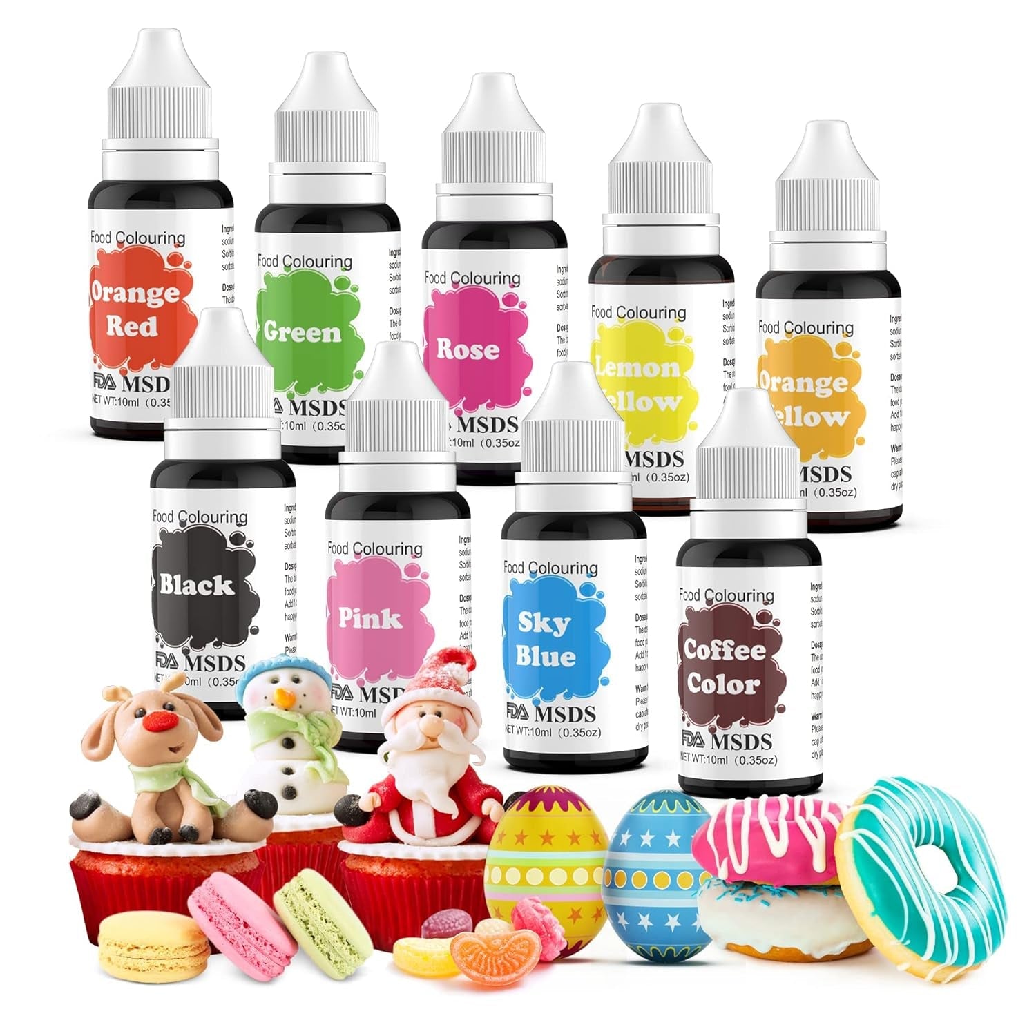 Kleurstof voor levensmiddelen 9 x 10 ml, vloeibare kleurstof voor levensmiddelen - kleurstofset voor het versieren van taarten, macarons, donuts, fudge, glazuur, doe-het-zepen, ijs, zeepkleurstof, spuitpistoolkleurstof