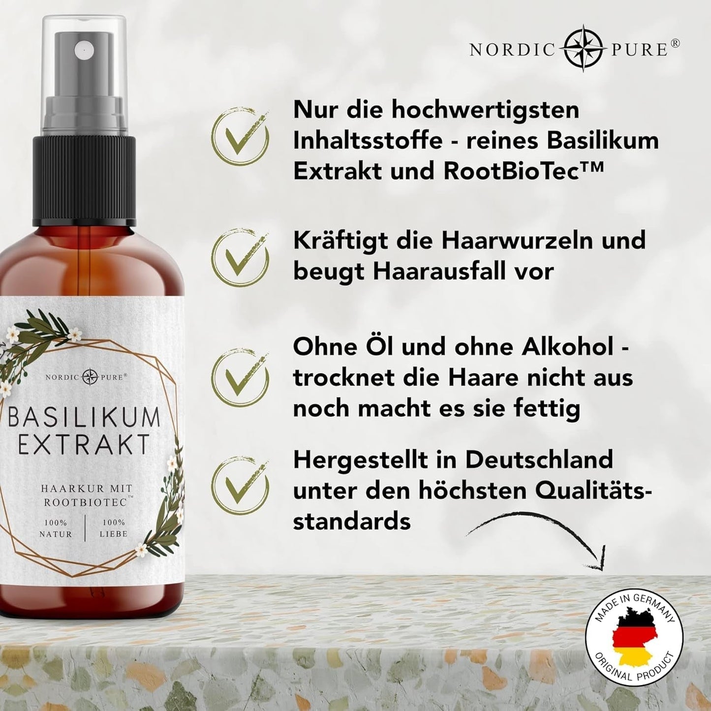Haarbehandeling met basilicumextract van Nordic Pure | Voor de verzorging van dun, droog en kwetsbaar haar | Kan haaruitval voorkomen 100ml Naty Shop haarverzorging