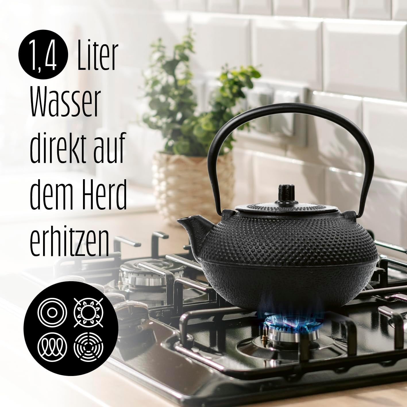 Lumaland 8-delig theeservies | 1,4 Liter Tetsubin Gietijzeren Theepot | Gietijzeren kachel | 2 theekopjes en 2 schoteltjes | Japans theeservies inclusief bamboe maatlepel en roestvrijstalen zetgroep