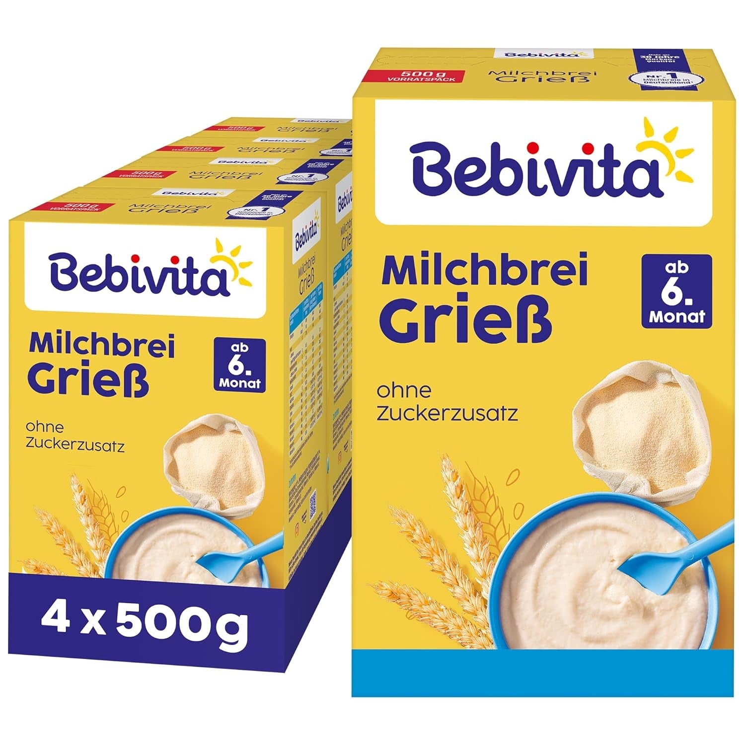 Griesmeelpap met melk (4 x 500 g), voeding voor baby's vanaf 6 maanden, zonder toegevoegde suiker, met waardevolle mineralen en vitamines, zeer vullend