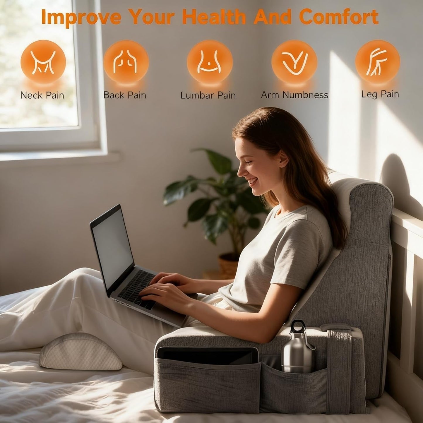 Groot leeskussen met afneembare neksteun en armleuningen, rugkussen voor bed, ergonomisch rugkussen met arm, zak en wasbare hoes voor lezen en tv kijken.