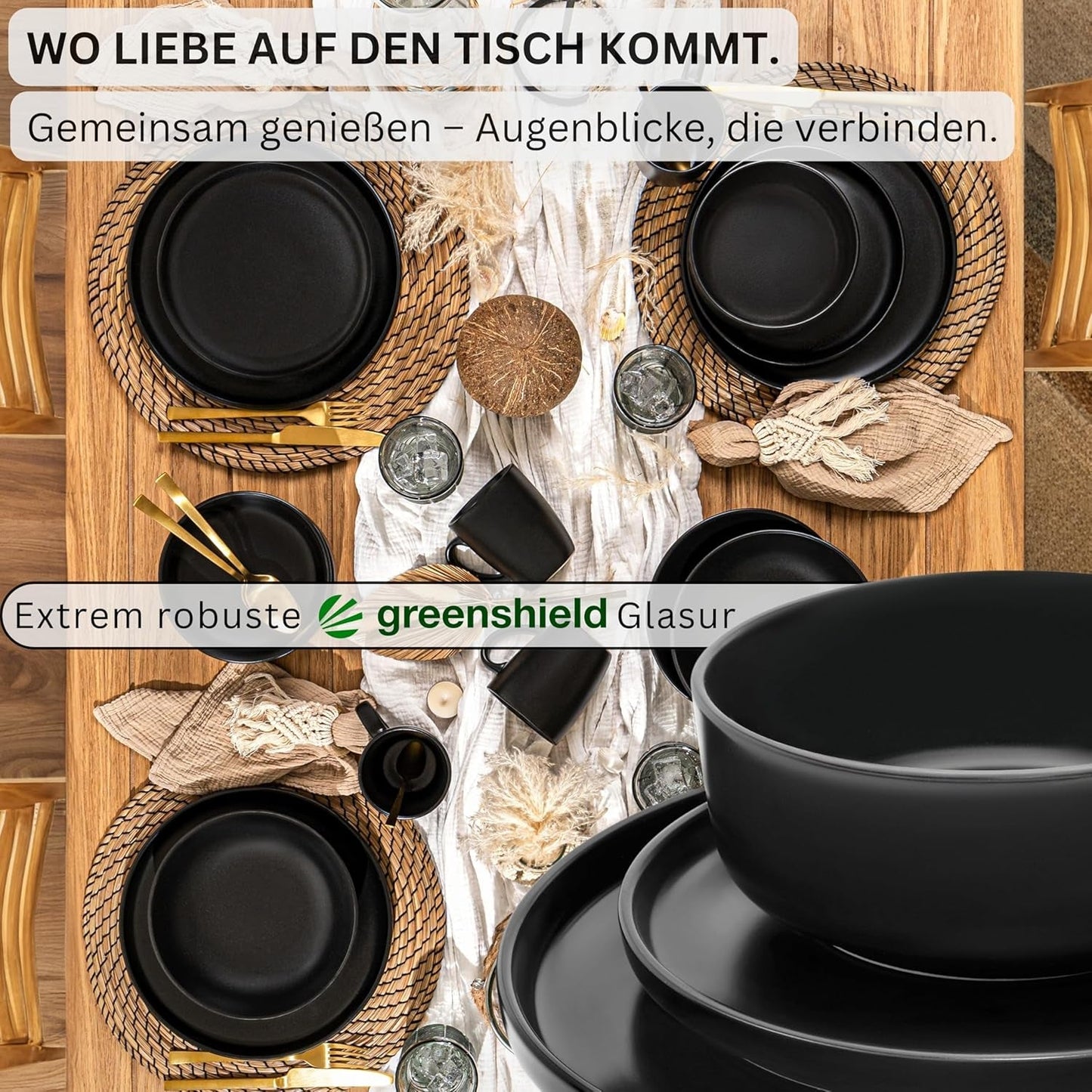 SÄNGER Madeira | 24-delige combinatieserviesset, 6-persoons aardewerken serviesset, 6 dinerborden, 6 ontbijtborden, 6 dinerborden, 6 pastakommen, servies en schalenset, matzwart | DE WAARDE-COLLECTIE