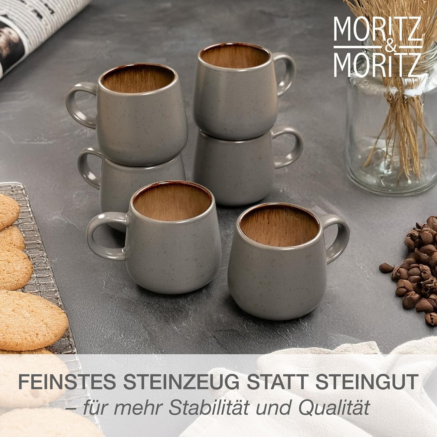 Moritz & Moritz SOLID 24-delige steengoed serviesset voor 6 personen - serviesset voor 6 personen bestaande uit 6 borden, 6 kleine borden, 6 dinerborden en 6 kopjes met handgrepen