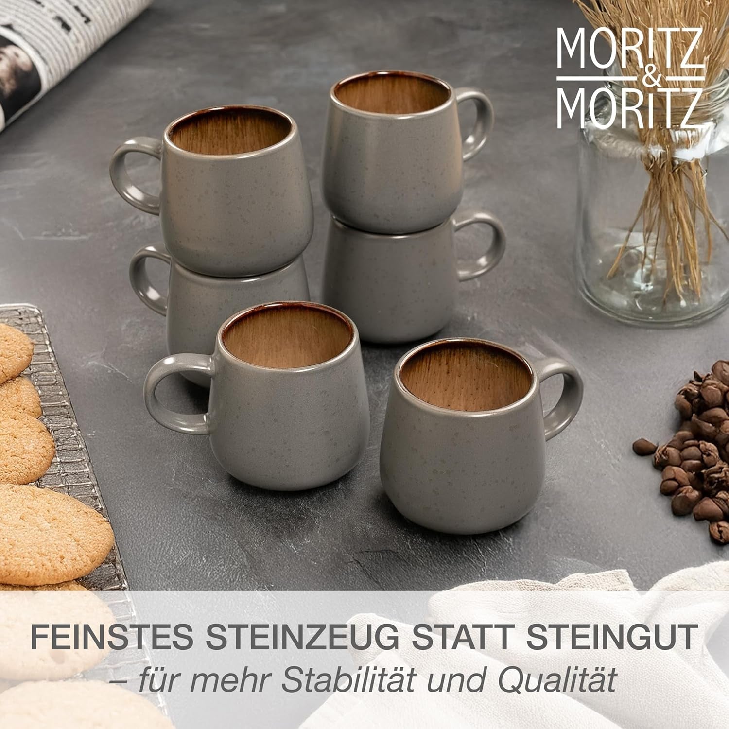 Moritz & Moritz SOLID 24-delige steengoed serviesset voor 6 personen - serviesset voor 6 personen bestaande uit 6 borden, 6 kleine borden, 6 dinerborden en 6 kopjes met handgrepen