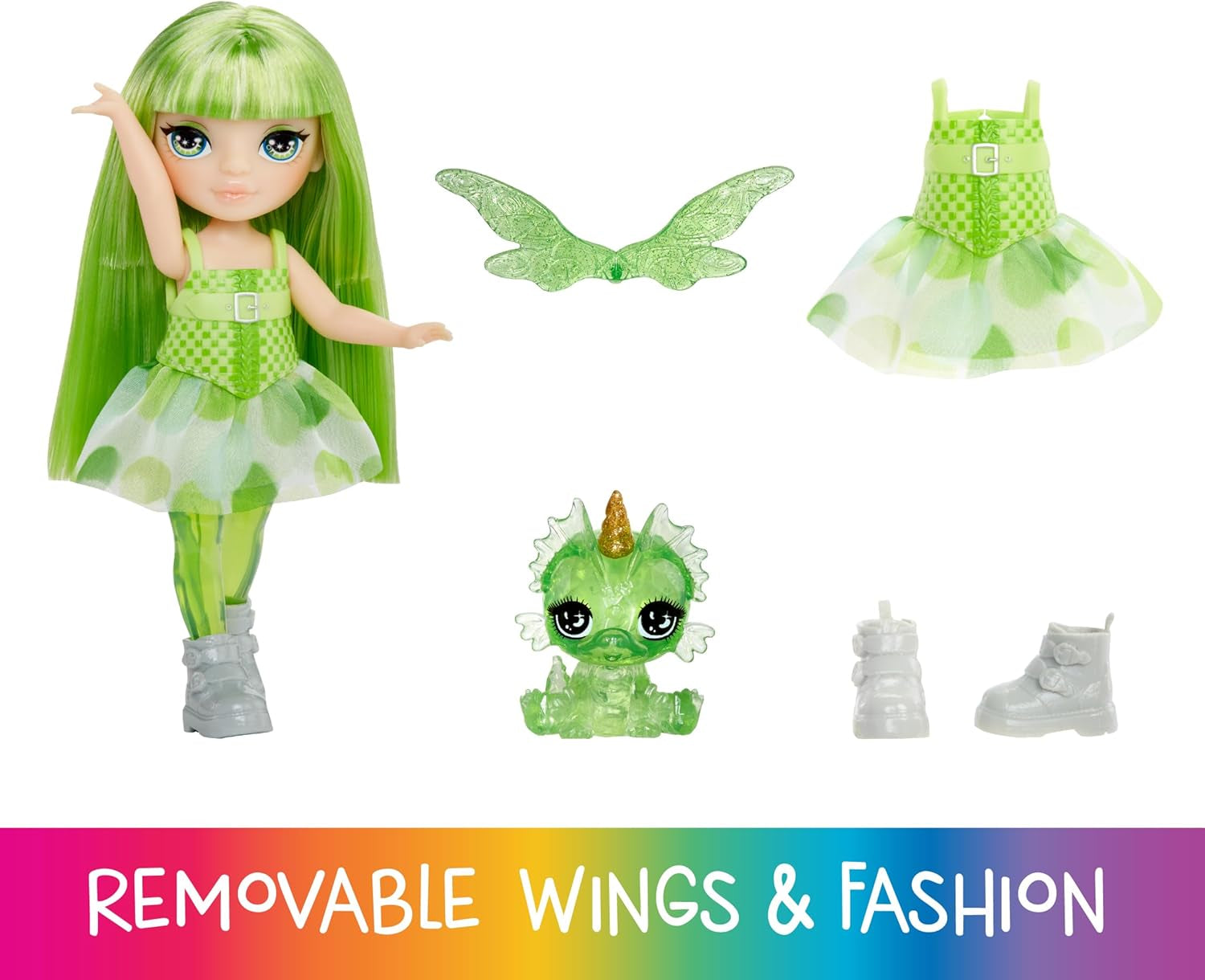 Rainbow High Littles Rainbow Fantasy Fee en huisdier - Smaragdgroen, Groen - 14 cm gelede kleine fantasiedrakenpop met verwisselbare sprookjesvleugels, zoet cadeau voor kinderen vanaf 4 jaar