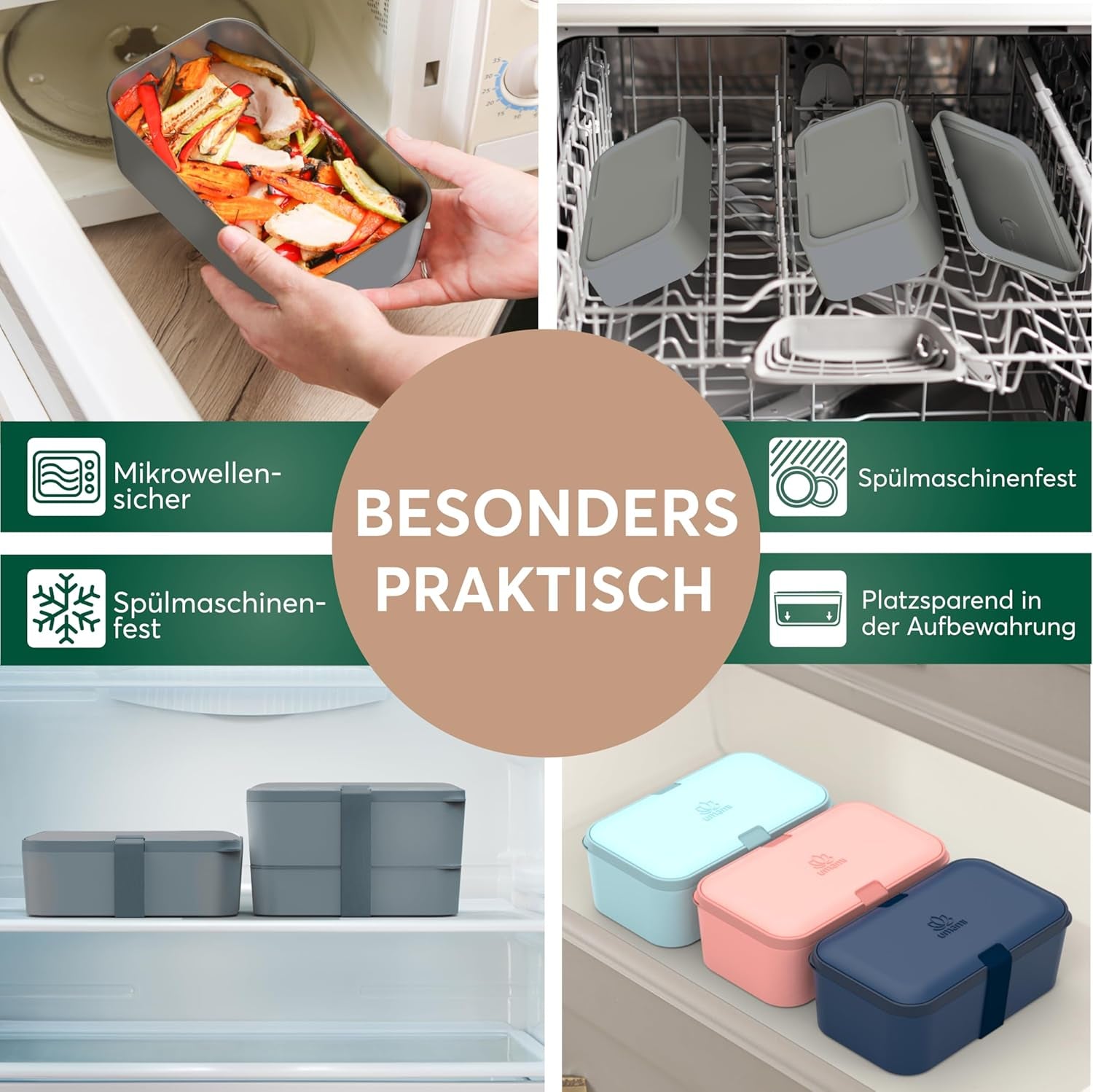 Umami lunchbox voor volwassenen, stapelbare bentobox met 4 bestek en vakken, lunchbox voor volwassenen, saladecontainer voor onderweg, picknick-/kantoorlunchbox, houtskoolgrijs, 1500 ml voedselbewaardozen Naty Shop