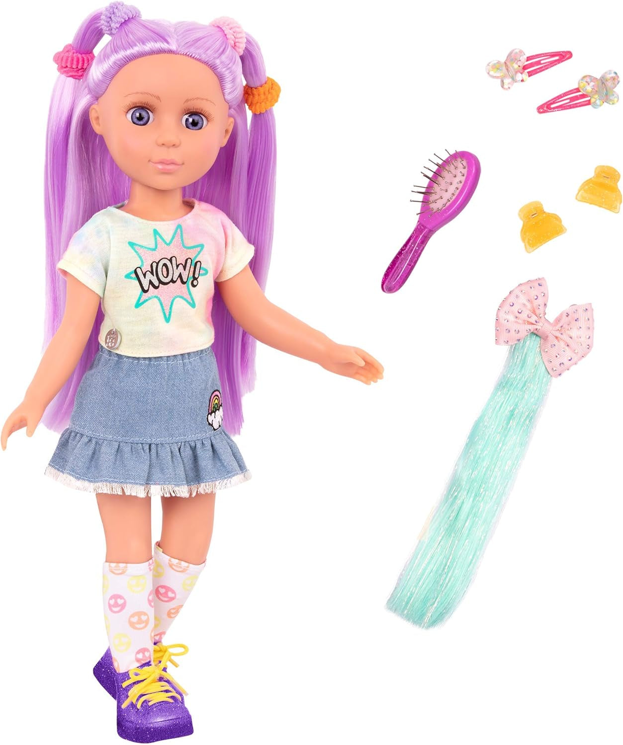 Glitter Girls - Luma - Gelede pop van 36 cm - Uniek paars haar en paarse ogen - Haarextensions, strik, clips en kleurrijke outfit - 3 jaar +