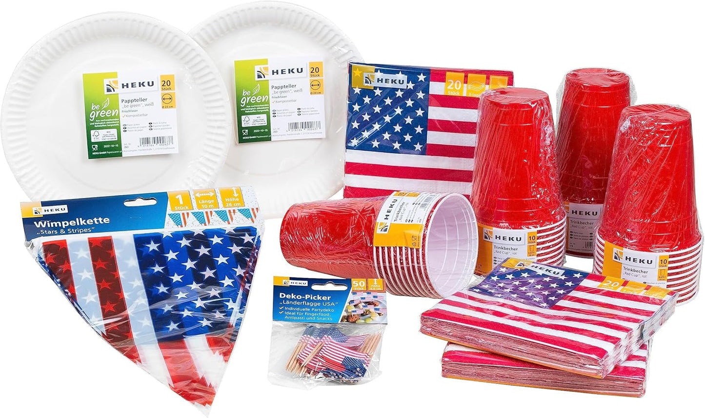 HEKU 191-dlg. USA Party Set I Papieren Borden Ø23Cm, Rode Bekers, 3-laags Servetten 33X33Cm, Decoratieprikker, Wimpelketting 10M I Ideaal voor themafeesten en nationale feestdagen