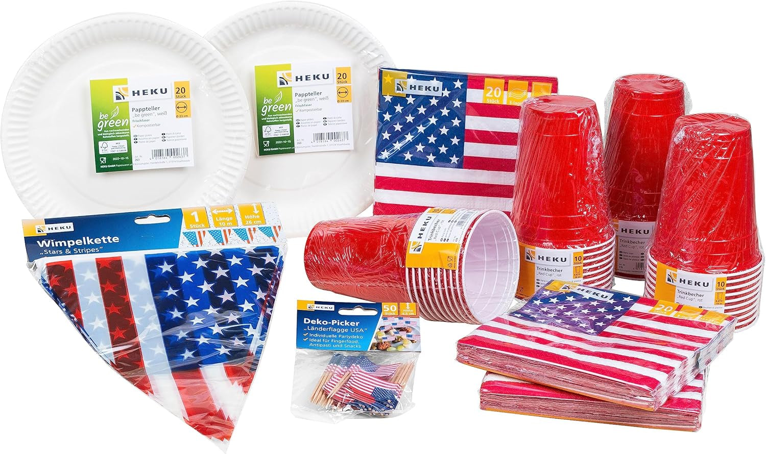 HEKU 191-dlg. USA Party Set I Papieren Borden Ø23Cm, Rode Bekers, 3-laags Servetten 33X33Cm, Decoratieprikker, Wimpelketting 10M I Ideaal voor themafeesten en nationale feestdagen