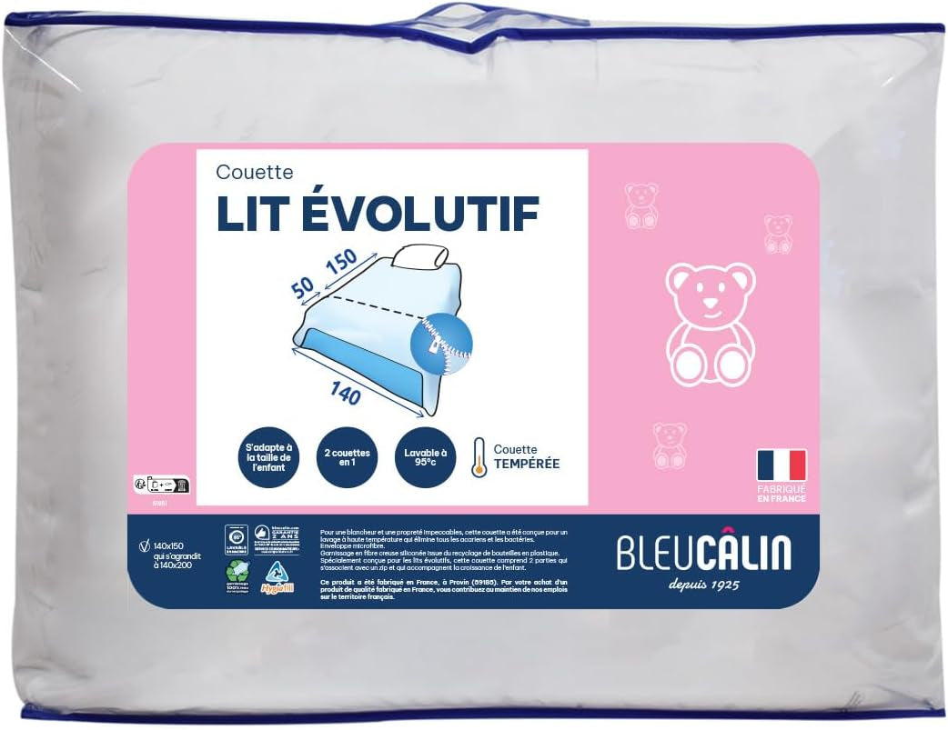 Bleu Câlin kinderdekbed 140X(150+50) Cm Speciaal voor kinderbedden, gehard dekbed uitbreidbaar tot 140X200 Cm, wasbaar op 95°, wit Dekbedden en dekbedden Naty Shop Uniek Uitschuifdeken voor ledikant - 140 X (150 + 50 Cm).