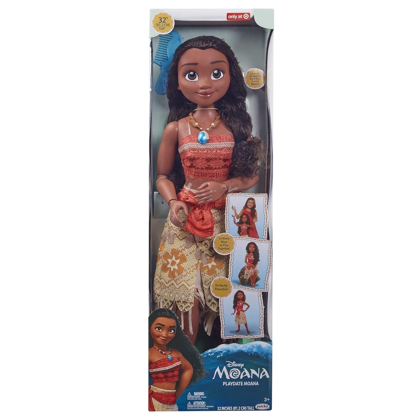 Disney Princess Moana 80 cm speelpop van Jakks Pacific Beweegbare pop met borstel om haar golvende krullen te kammen Filmgeïnspireerde jurk Afneembare ketting met hanger Poppen Naty Shop