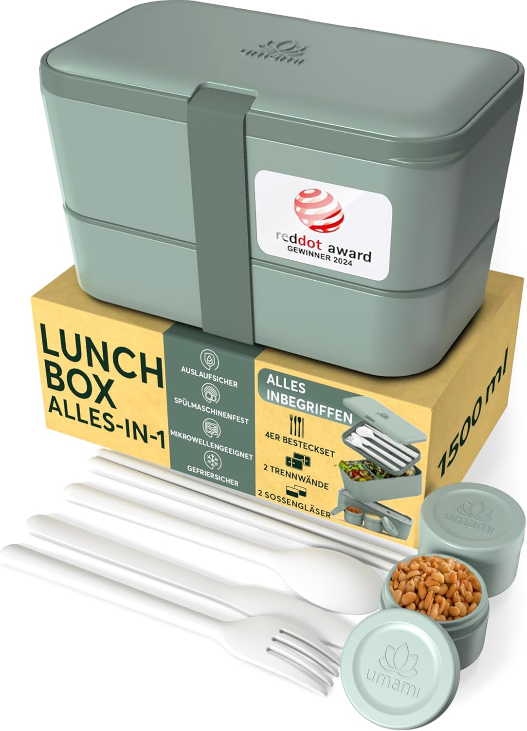 Umami lunchbox voor volwassenen, stapelbare bentobox met 4 bestek en vakken, lunchbox voor volwassenen, saladecontainer voor onderweg, picknick-/kantoorlunchbox, antracietgrijs, 1500 ml Naty Shop voedselbewaardozen leigroen L - 1500 ml in elkaar stapelbaar