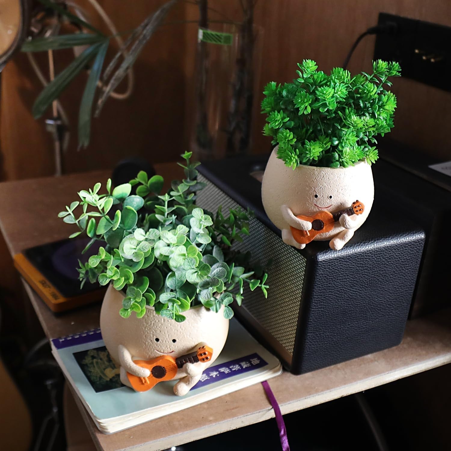 Smiley Gezicht Bloempotten Schattig Hars Hoofd Parelsnoer Bloempot Unieke Gitaar Binnen Buiten Succulente Bloempot Cadeau Idee voor mama