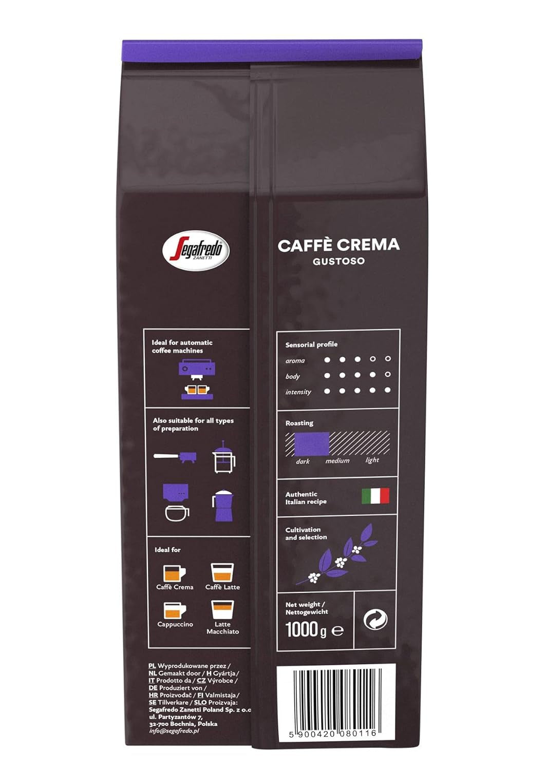 Segafredo Zanetti Caffè Crema Gustoso - Hele Boon (Pak van 1 kg) - Geschikt voor Caffè Crema - Lang en donker gebrande koffiebonen, volle en intense smaak (Pak van 2)