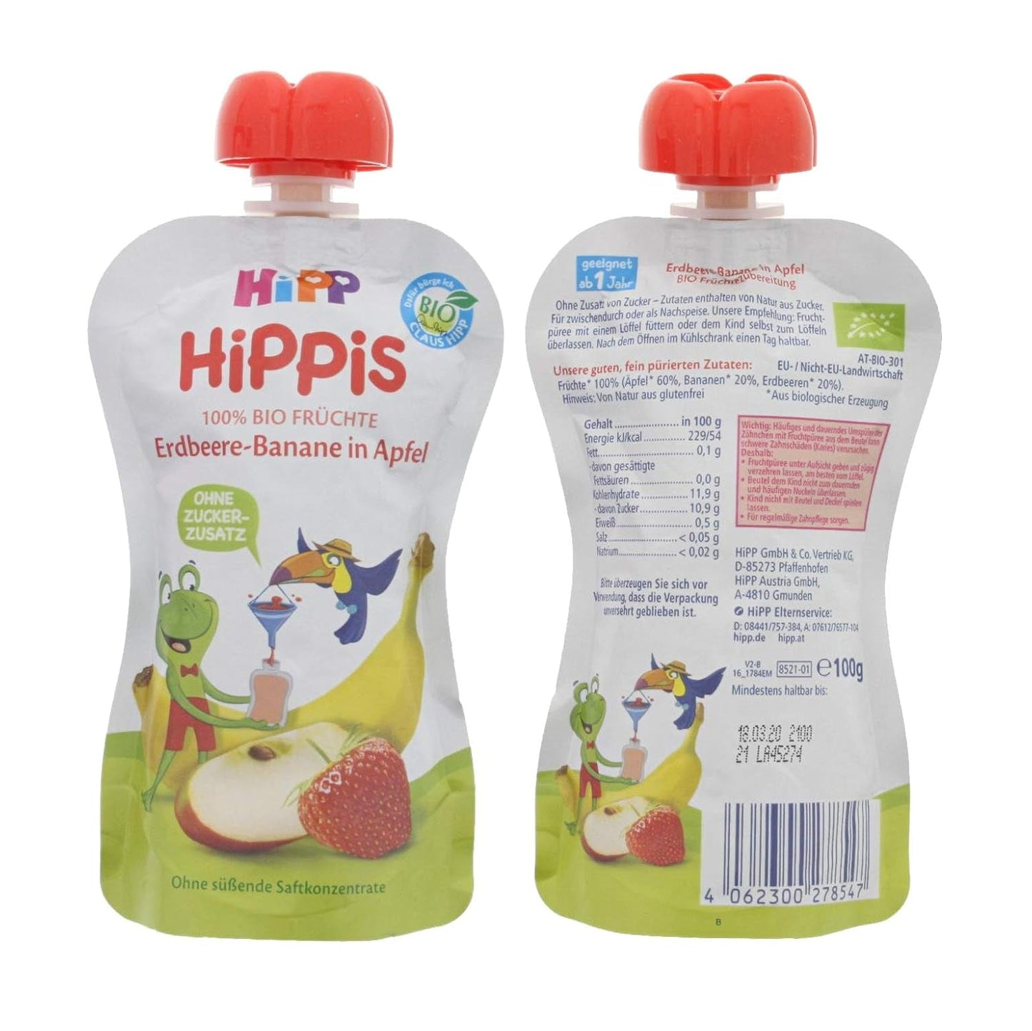 HiPP Biologisch voor Kinderen HiPPiS Aardbei Banaan in Appel - Theo Toucan, 100g