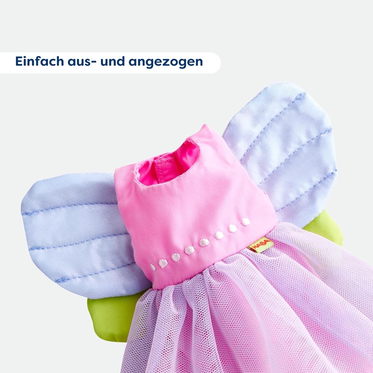 HABA Fee Magische Poppenkleertjes - 2-delige set voor poppen van 18 maanden en ouder (30 cm) - Tule jurk met vleugels, inclusief bloemenhaarband - 1306243001