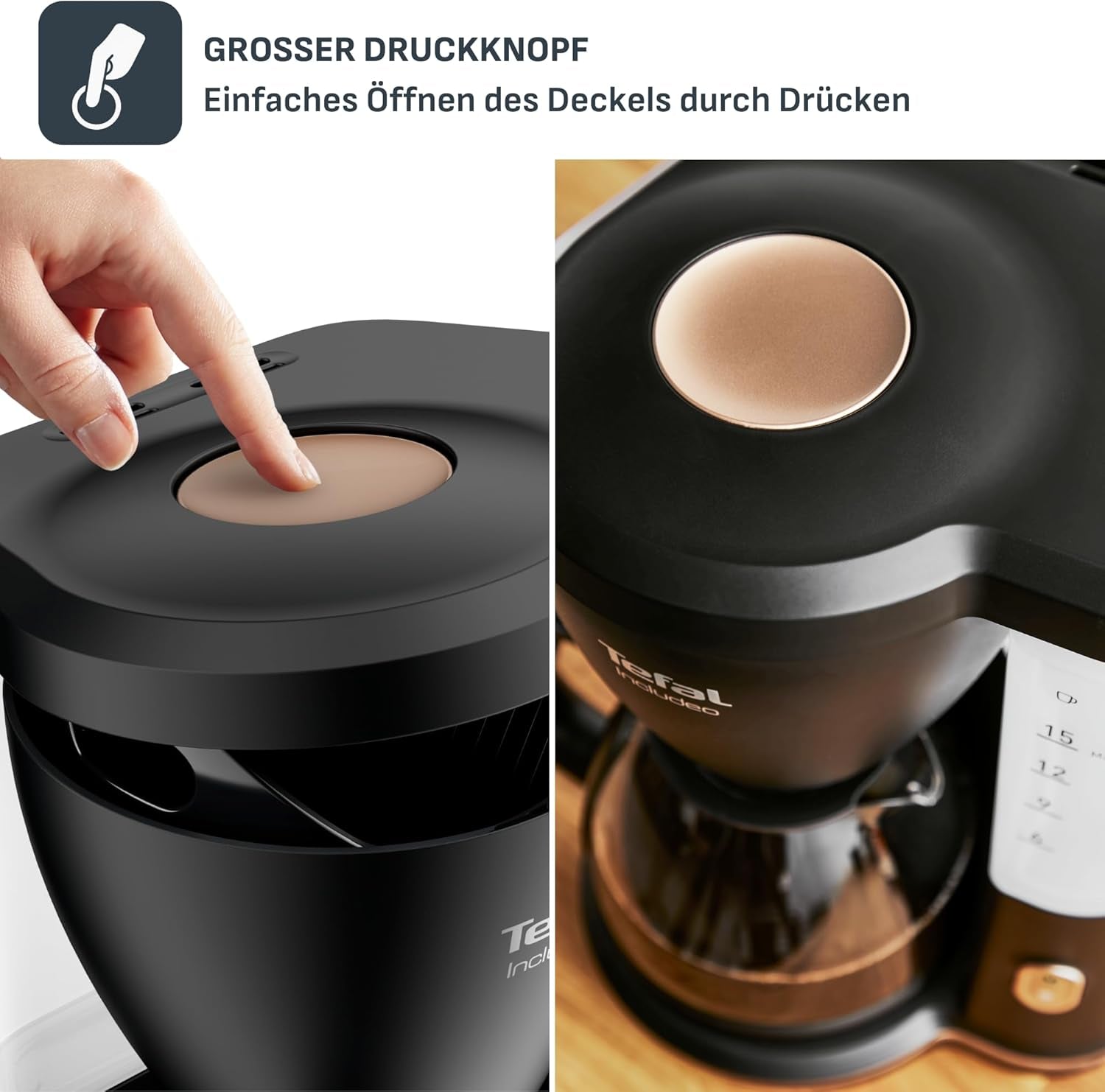 Tefal Incluo Filter-espressomachine, espressomachine Extreem eenvoudig in gebruik, geschikt voor rechts- en linkshandigen, automatische dekselopening, 1,25 l, 10 tot 15 kopjes, CM533811