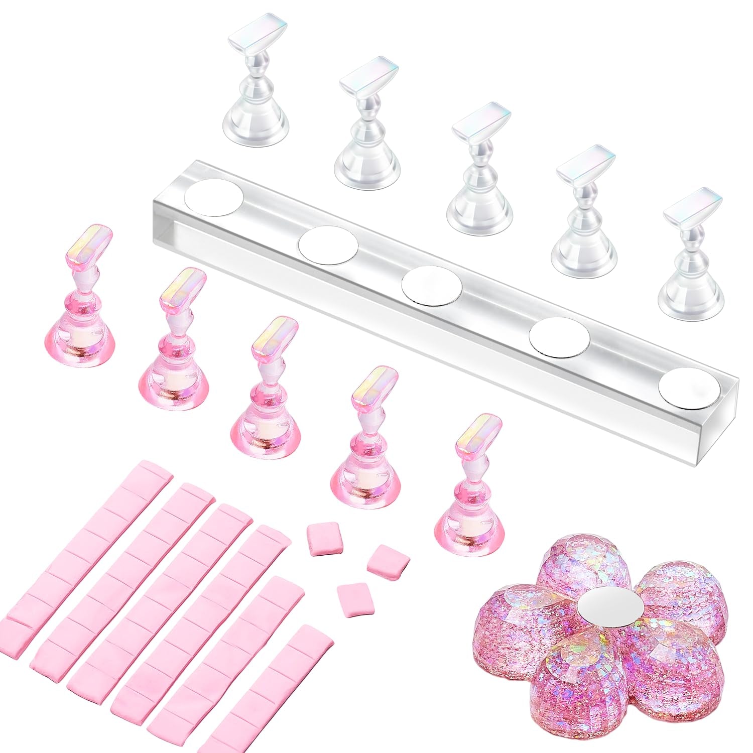 Makartt acryl nagelhouder, magnetische nagelhouder, nagelhouder, transparant roze nagelhouder met 48 zelfklevende stopverf