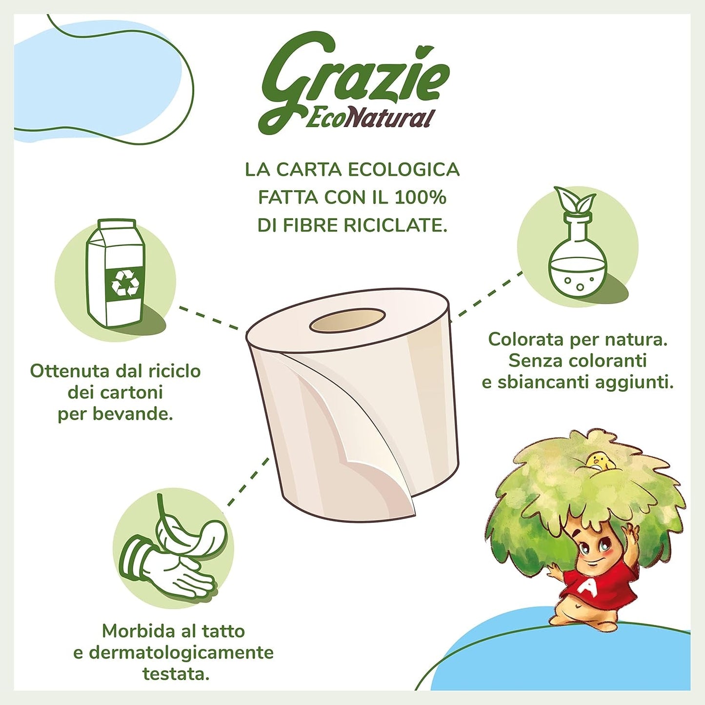 Grazie natuurlijk toiletpapier, Econatural, 56 rollen, Fibrepack gerecycleerd toiletpapier, 100% ecologisch, milieuvriendelijk, ecolabel gecertificeerd en FSC gerecycleerd, gemaakt in Italië
