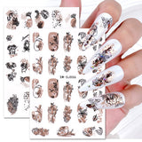 JMEOWIO Nagelsticker Rose Gold Schwarze Blume 12 Blatt Nail Art Sticker Selbstklebend Nagelaufkleber Frühlings Linie Abstracts Blatt Decoratie Nageldesign Zubehör