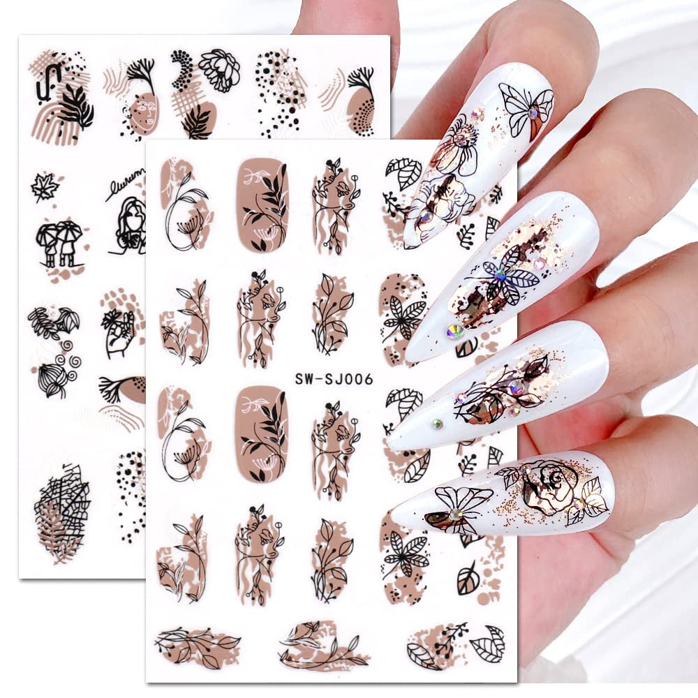 JMEOWIO Nagelsticker Rose Gold Schwarze Blume 12 Blatt Nail Art Sticker Selbstklebend Nagelaufkleber Frühlings Linie Abstracts Blatt Decoratie Nageldesign Zubehör