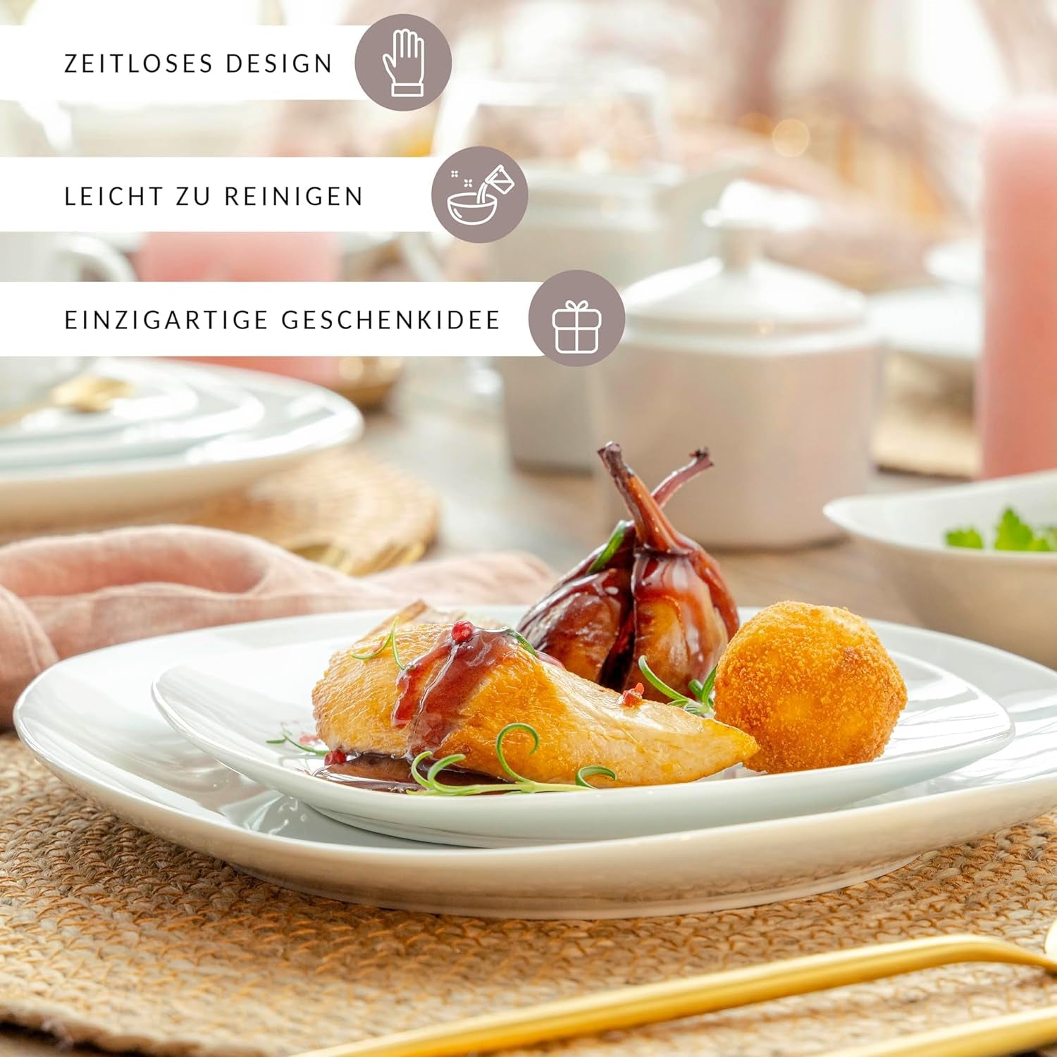 ZANGER | Witte Bilgola serviesset, 24-delige porseleinen serviesset voor 6 personen, vierkante borden, dinerborden | DE PREMIUM COLLECTIE