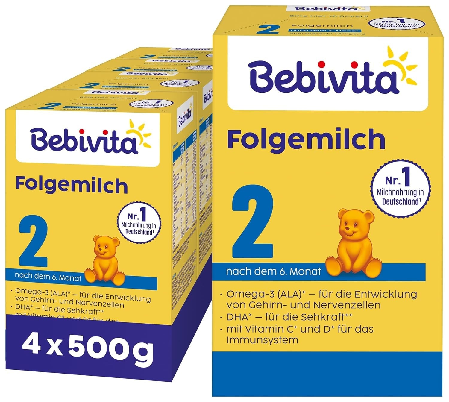 2 Folgemilch (4 x 500 g), nach dem 6. Monat, met vitamine C en D, Omega-3 (DHA), alternatief verzadigd