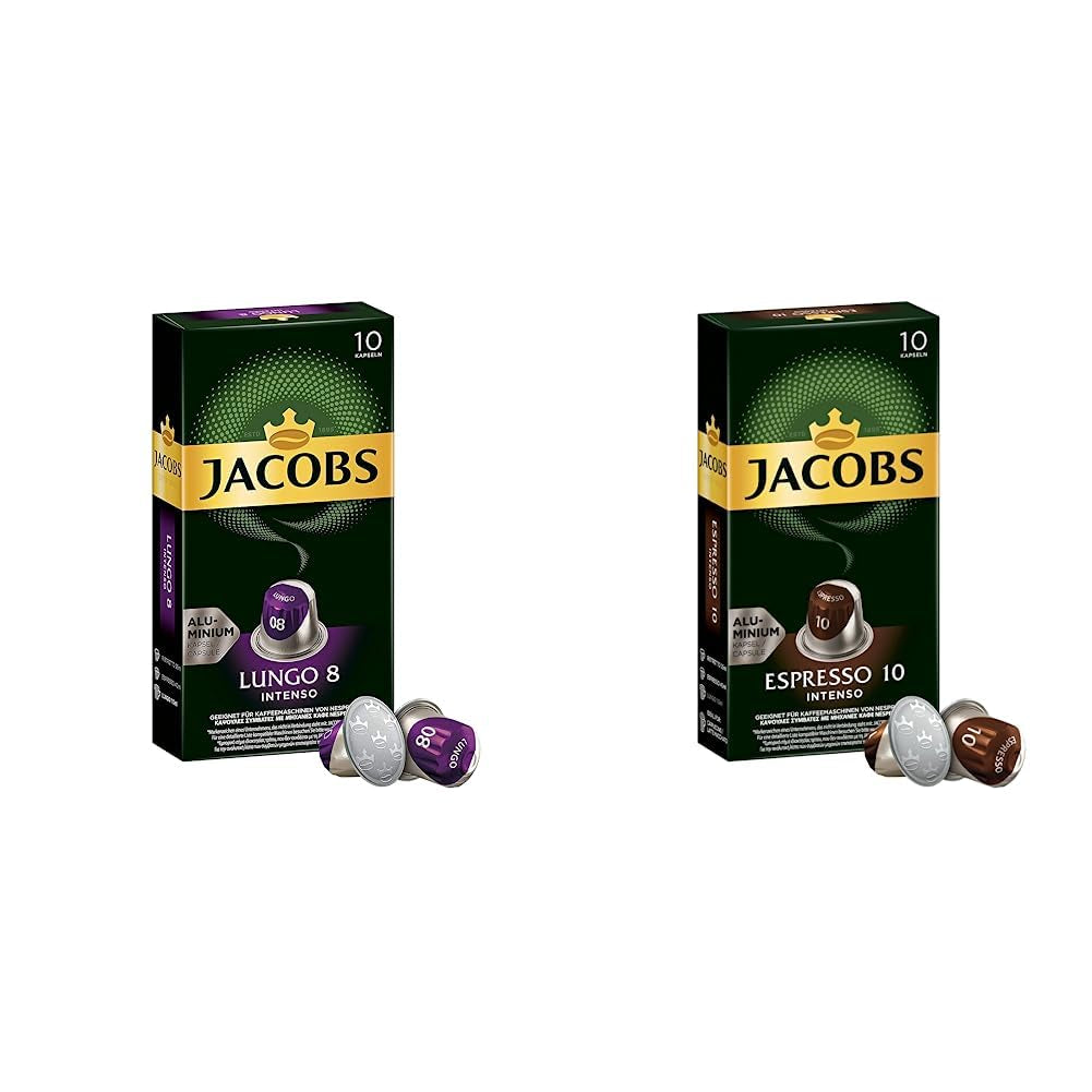 Jacobs Kapseln Lungo Intenso, Intensität 8 & Kapseln Espresso Intenso, Intensität 10.100 Nespresso®* compatibel Kaffeekapseln, 10er Pack, 10 x 10 Getränke