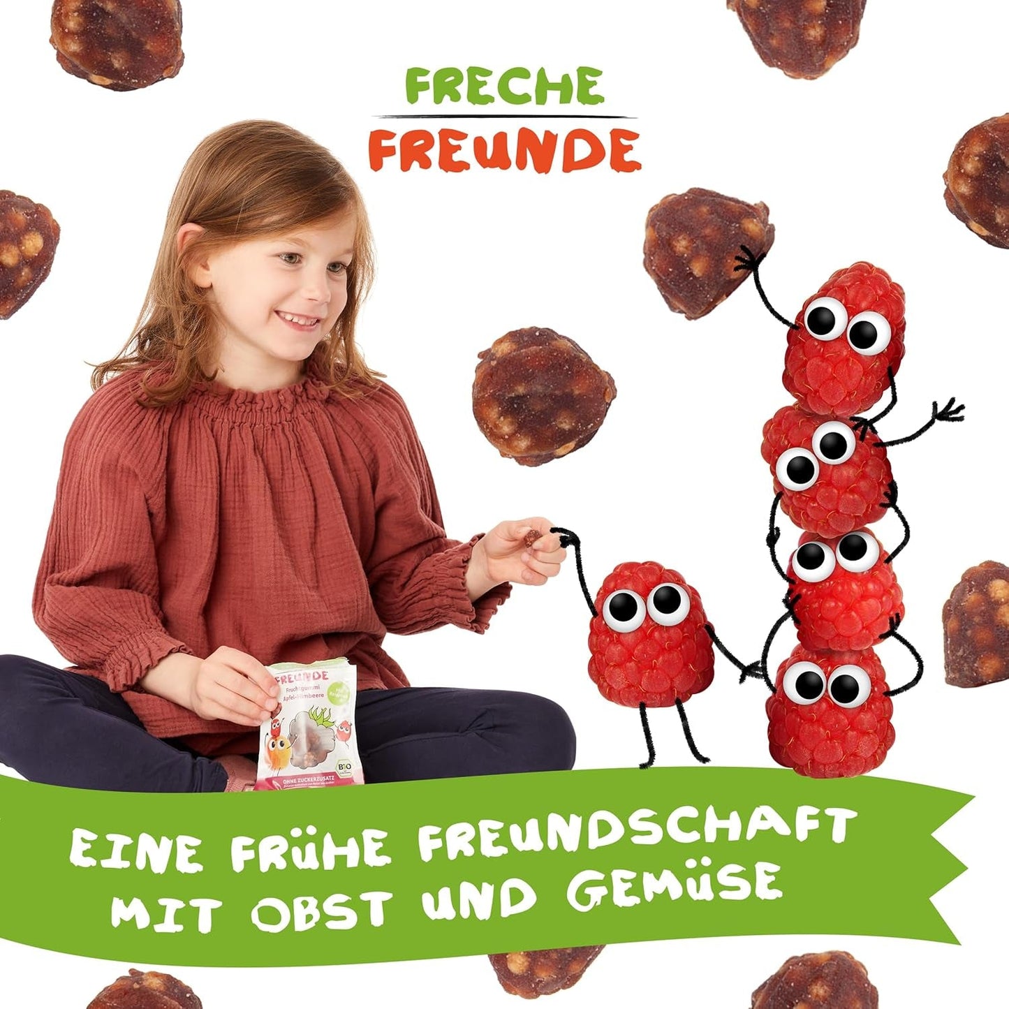 FRECHE FREUNDE Biologische fruitgelei, appel-, frambozen- en rijstlolly's, fruitige zoete snack voor kinderen, glutenvrij, veganistisch, verpakking van 20 (20 x 30 g)