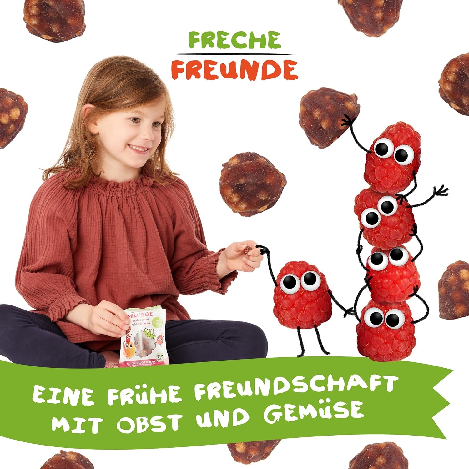 FRECHE FREUNDE Biologische fruitgelei, appel-, frambozen- en rijstlolly's, fruitige zoete snack voor kinderen, glutenvrij, veganistisch, verpakking van 20 (20 x 30 g)