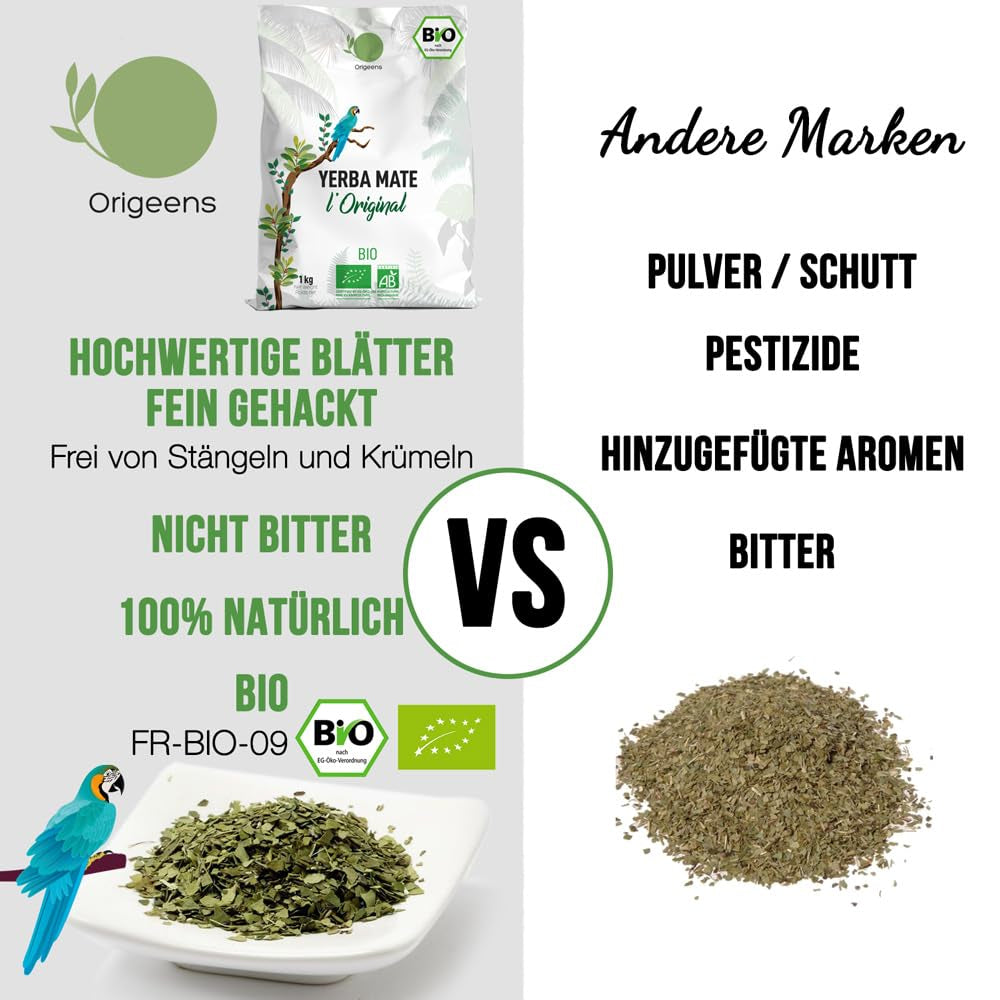 ORIGEENS BIO YERBA MATE THEE 1 KG - The Original I Ongebrand, bladeren, zonder stengels, stof en kruimels I Energieke en ontgiftende drank