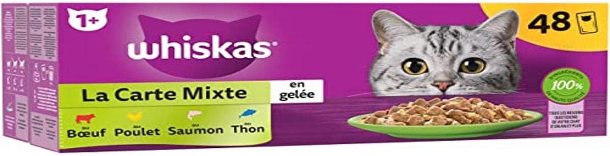 WHISKAS Maaltijd - 48 zakjes Vers - Gemengde doos (4 varianten) - Natvoer voor volwassen katten in gelei - Compleet en uitgebalanceerd natvoer geschikt voor gesteriliseerde katten