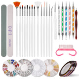 Nail Art Decoraties & Nagelpinsel Set, Nageldesign Zubehör, Nagelset 5 Stk 2 Wege Punktierung Stift, 15 Malerei Polnisch Pinsel Set, 10 Streifenband, 4 Boxen Bunte Nagel Steentjes Decoratie
