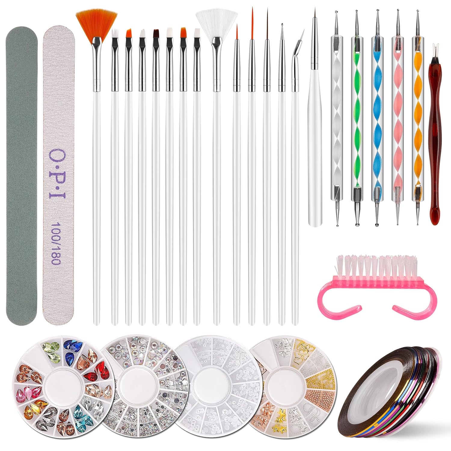 Nail Art Decoraties & Nagelpinsel Set, Nageldesign Zubehör, Nagelset 5 Stk 2 Wege Punktierung Stift, 15 Malerei Polnisch Pinsel Set, 10 Streifenband, 4 Boxen Bunte Nagel Steentjes Decoratie