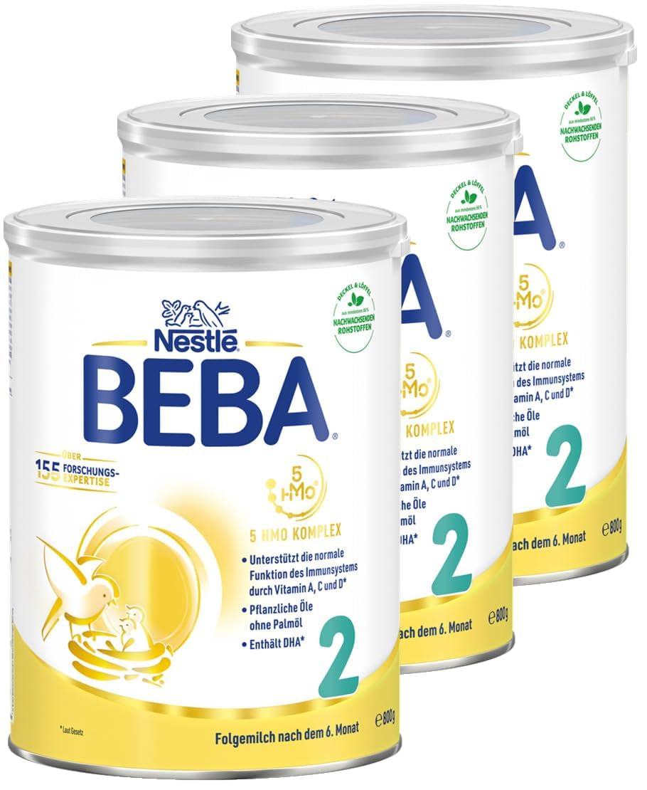 BEBA 2 - Opvolgmelk na 6 maanden, met 5 HMO-complex, leeftijdsafhankelijk eiwitgehalte, lactosevrij, palmolievrij, visolievrij, babyvoeding, babymelkpoeder, verpakking van 3 (3 x 800 g)