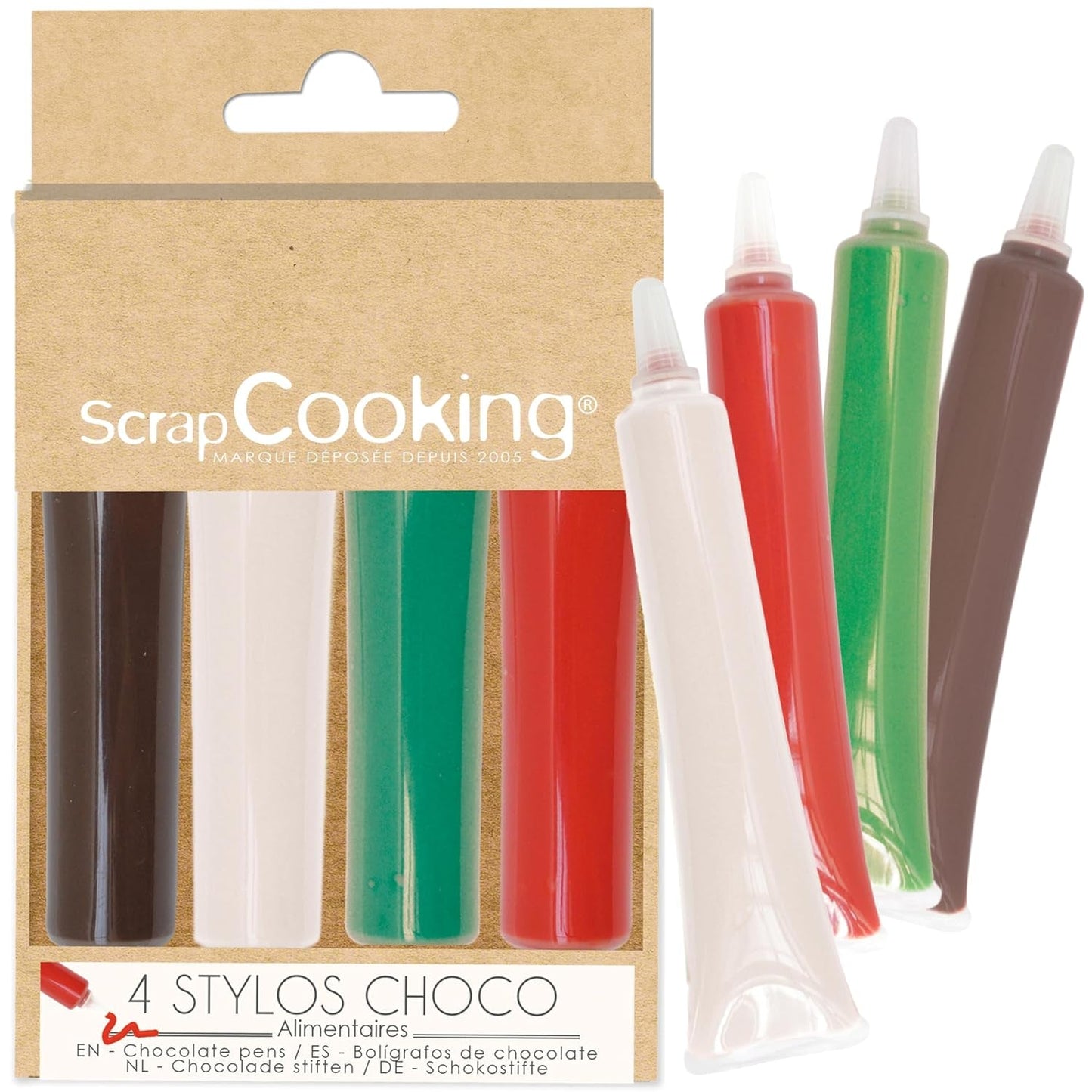 Scrapcooking - Set van 4 kerstchocolade kleurpotloden - bruin, wit, groen en rood - eetbare kleurstof - kleurstof voor schrijven - schrijven en tekenen op desserts, cakes en koekjes - 7060