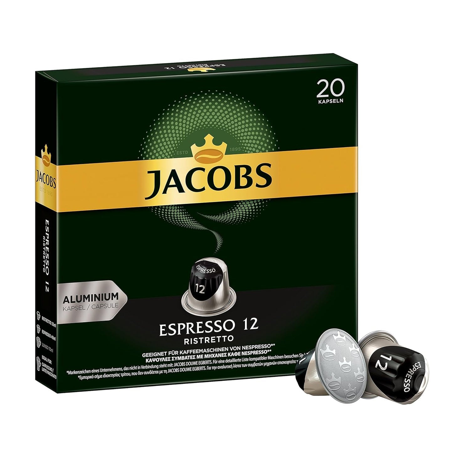 Kaffeekapseln Espresso Ristretto, Intensität 12 van 12 & Kaffeekapseln Krönung Crema, 200 Nespresso compatibele Kapseln, 10er Pack, 10 x 20 Getränke, 1040 g