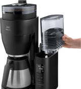 Melitta AromaFresh Therm Pro X - Espressomachine met filter, geïntegreerde molen, afneembaar waterreservoir, roestvrijstalen thermische karaf en timerfunctie, voor maximaal 8 koppen koffie, zwart/zilver