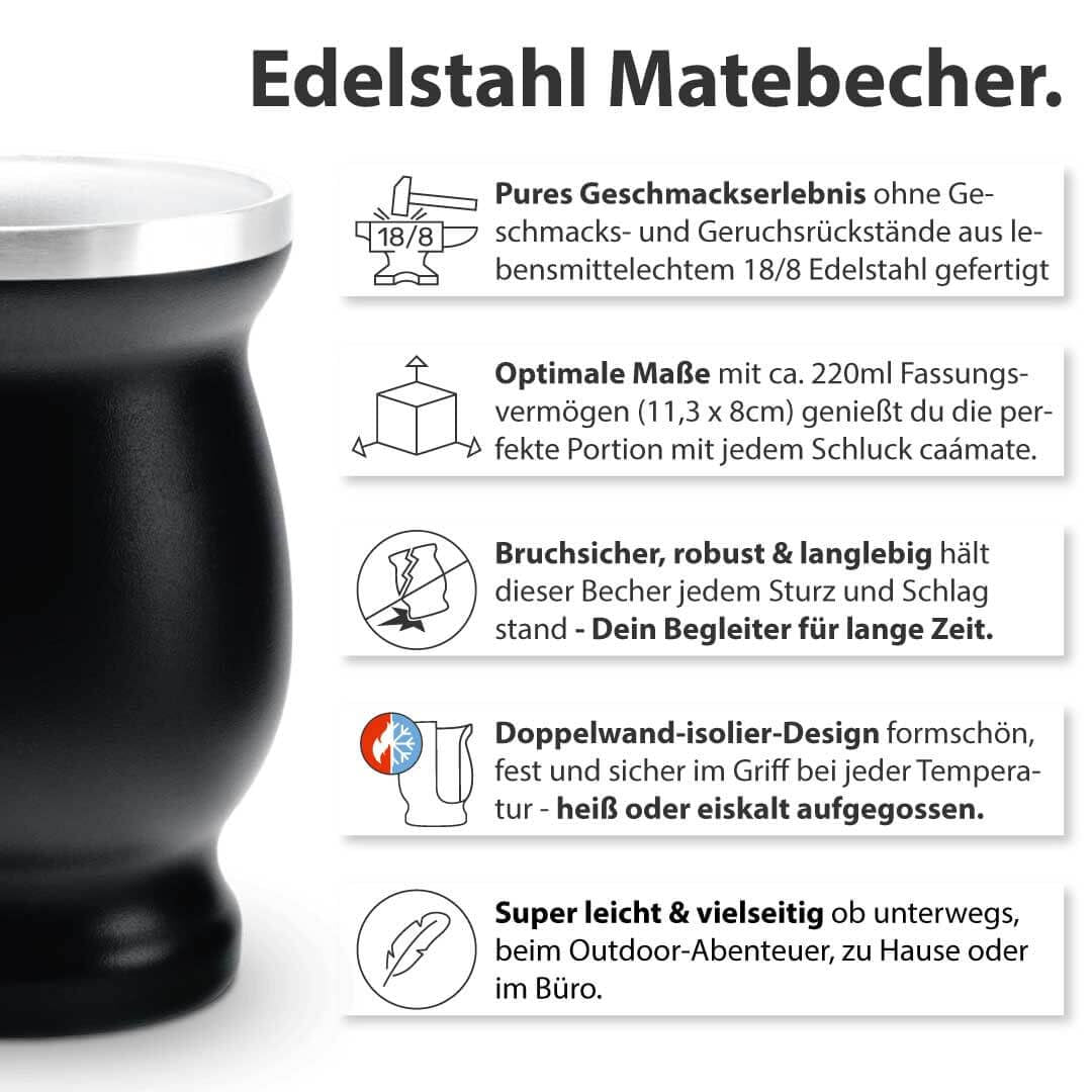 Mate Bio Theeset ● 3 Assortimenten Mate + Dubbelwandige Mate Mok van RVS + Bombilla + Zetinstructies (Zwart)