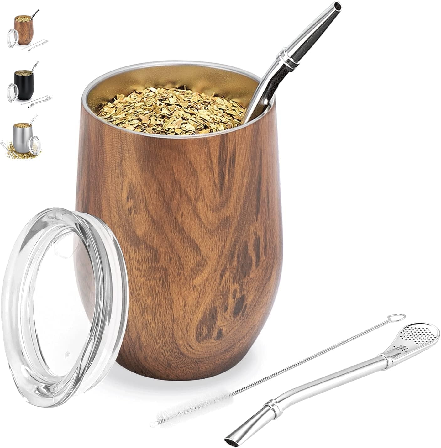Moderne Mate-mok 340 ml, geïsoleerde dubbelwandige roestvrijstalen Yerba Mate-mokset, Mate-theemok met BPA-vrij deksel, bombillas en een reinigingsborstel (zilver)