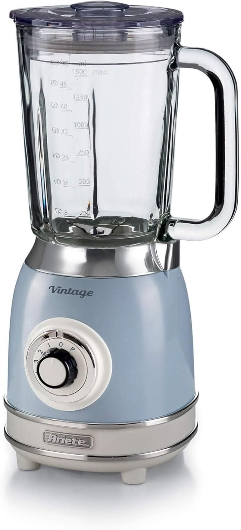 Ariete Vintage 583 Mixer Aus Glas, Retro Multifunctionele Mixer Met 4 Klingen, 4 Geschwindigkeiten + Pulse-Funktion, Ice-Crusher Funktion, 1,5 Liter Fassungsvermögen, 1000W, Green Kitchen Naty Shop Hellblau Single