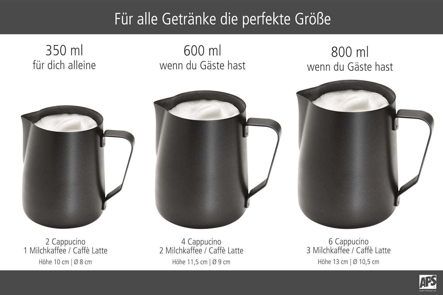 APS Melkkannetje - Hoogwaardige melkkan met antiaanbaklaag, gemaakt van roestvrij staal - Perfect voor het opschuimen van melk - Universele karaf, zwart, 600 ml