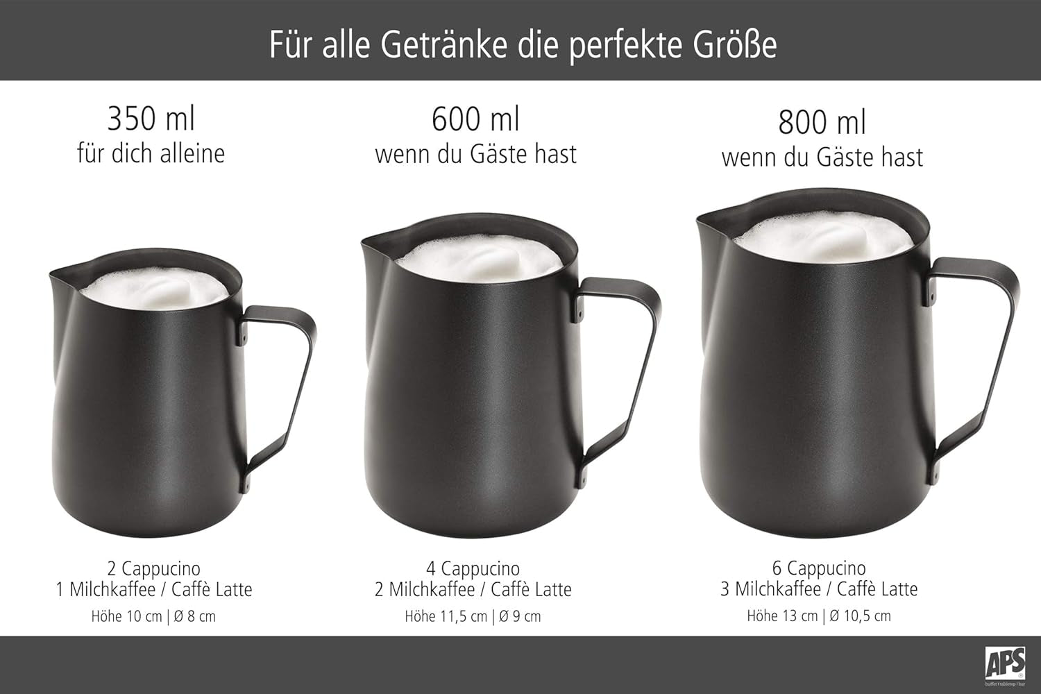 APS Melkkannetje - Hoogwaardige melkkan met antiaanbaklaag, gemaakt van roestvrij staal - Perfect voor het opschuimen van melk - Universele karaf, zwart, 600 ml
