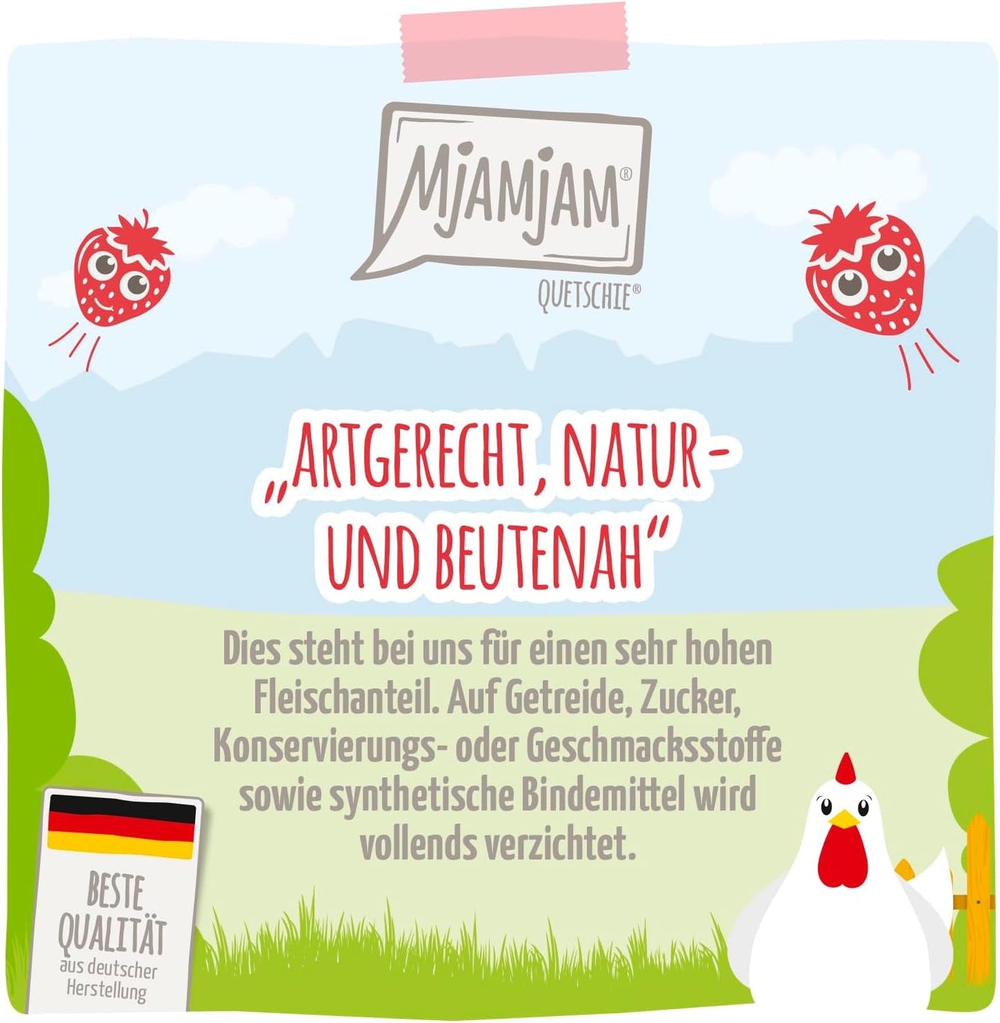 MjAMjAM - Premium natvoer voor katten - delicate kip met fruitige aardbeien 400 g, verpakking van 6 (6 x 400 g), natuurlijk met extra vlees