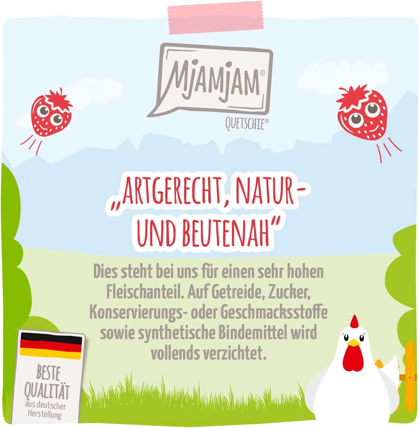 MjAMjAM - Premium natvoer voor katten - delicate kip met fruitige aardbeien 400 g, verpakking van 6 (6 x 400 g), natuurlijk met extra vlees