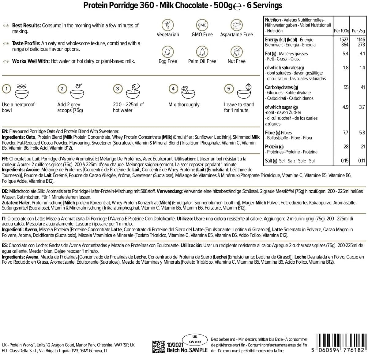 Protein Works - Eiwitpap 360 | Mythe Extra vitaminen en mineralen | Proteinreiches Frühstück | Kalorienarme Haferflocken | 6 Porties | Melkchocolade 500G Granen Naty Shop