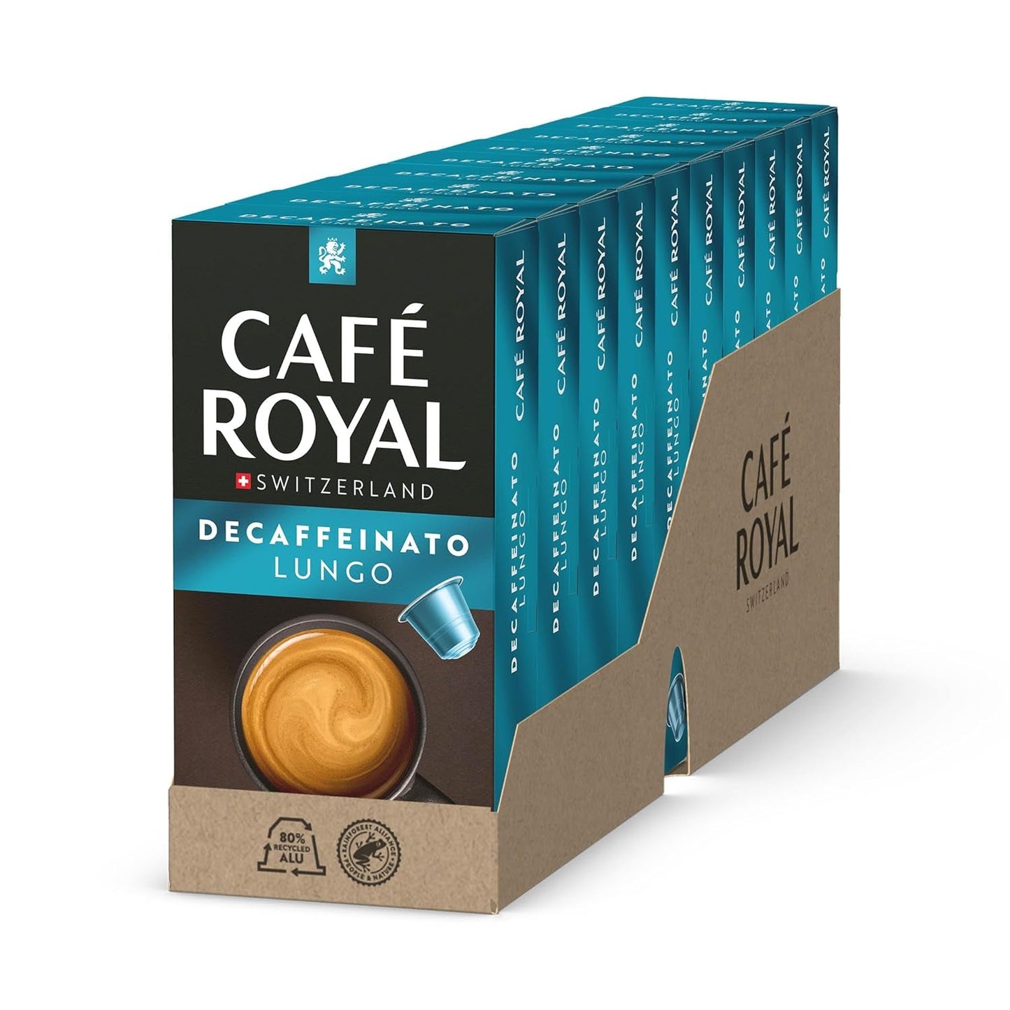 Café Royal Lungo Decaffeinato – Nespresso®-compatibele koffiecapsules, 100% Arabica, Intensität 5/12, Rainforest Alliance, cafeïnevrij, 100 capsules