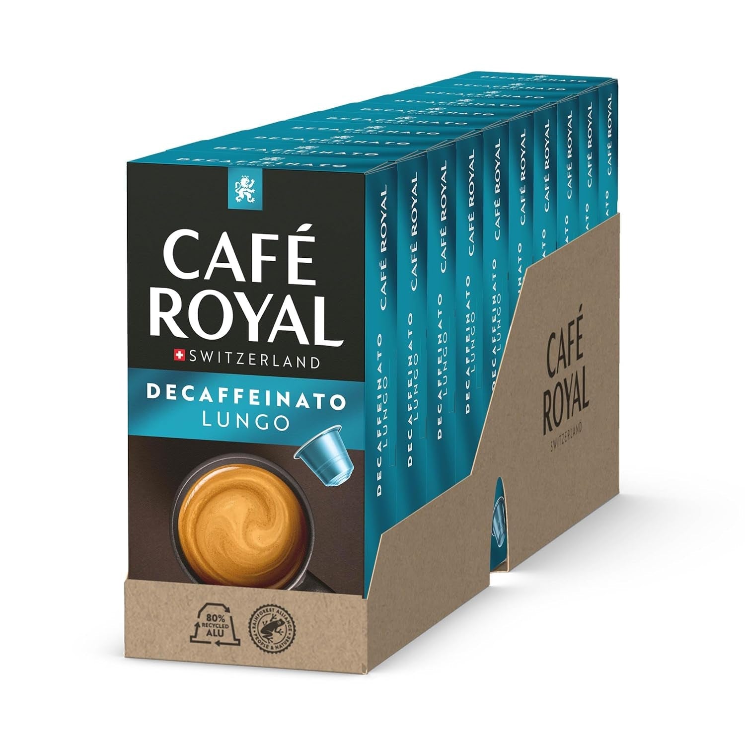 Café Royal Lungo Decaffeinato – Nespresso®-compatibele koffiecapsules, 100% Arabica, Intensität 5/12, Rainforest Alliance, cafeïnevrij, 100 capsules